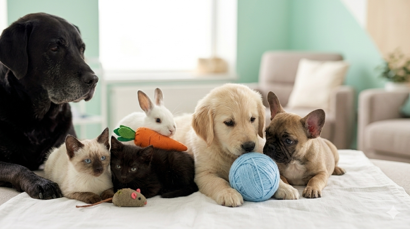 Grupo tierno de cachorros de perro, gatitos siamés y negro, y un conejo, descansando juntos
