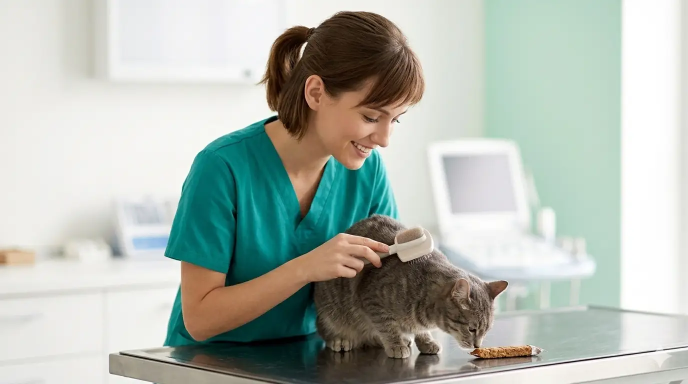 Auxiliar veterinaria cepillando suavemente a un gato atigrado gris en la sala de curas
