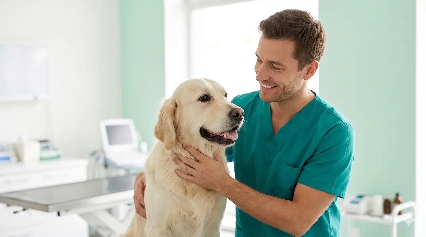 Veterinario profesional sonriendo mientras atiende a un perro Golden Retriever en clínica AndyVet