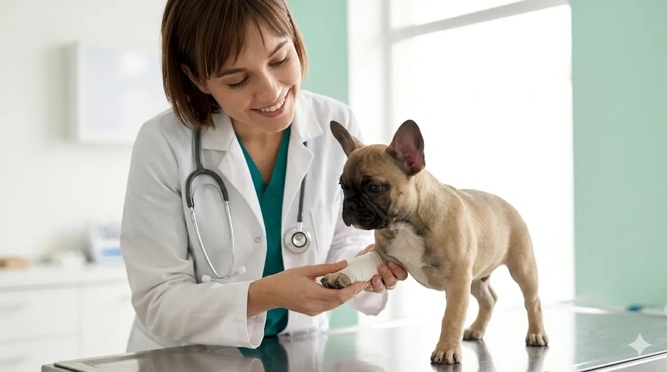 Primer plano de veterinaria con bata blanca revisando la pata vendada de un cachorro de Bulldog Francés